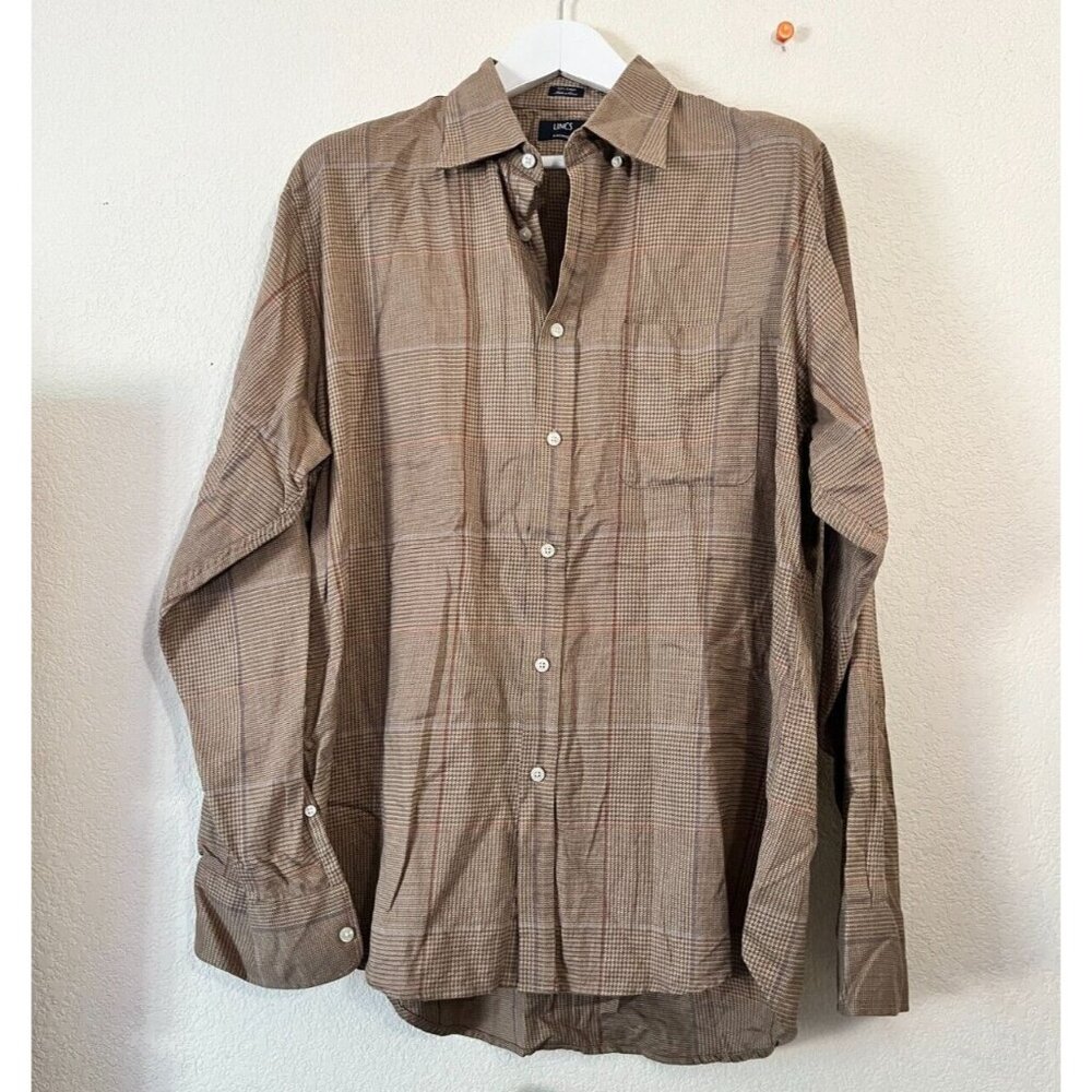 Lincs DC & Company Mens Button-Down Plaid Shirt Size XL Brown Long Sleeve Casual